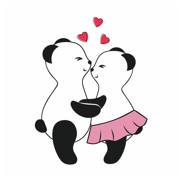 Vecteur deux pandas mignons s'embrassent et s'aiment. illustration de dessin animé de vecteur pour la saint-valentin. dessiner des animaux drôles pour les enfants garçons et filles. panda sur fond blanc isolé