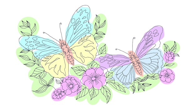 Deux papillons volant dans des fleurs dessin au trait simple Illustration vectorielle isolée sur blanc