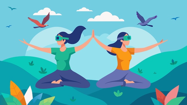 Vecteur deux partenaires de yoga aérien utilisant la réalité virtuelle pour se visualiser comme des oiseaux gracieux volant haut au-dessus d'un