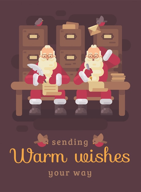 Deux Pères Noël écrivant Des Lettres Aux Enfants. Carte De Voeux Illustration Noël Drôle