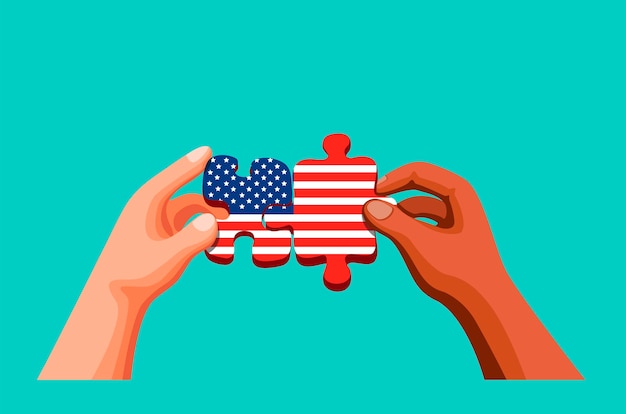 Deux Personnes Main Tenant Et Rejoindre Puzzle Avec Le Symbole Du Drapeau Américain Pour Le Jour De L'indépendance Des états-unis Et La Diversité Culturelle. Concept En Illustration De Dessin Animé