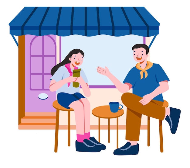Vecteur deux personnes parlent et boivent devant le café