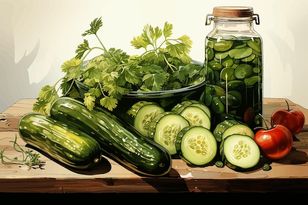 Vecteur deux pots d'huile d'olive vierge avec assaisonnements en bouteille sur l'étagère avec des concombres sur un plat