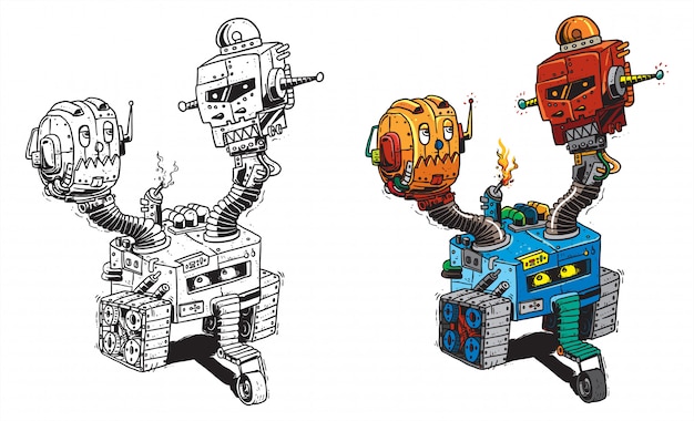 Vecteur deux robots à tête doodle illustration illustration pour autocollant ou marchandise de vêtements