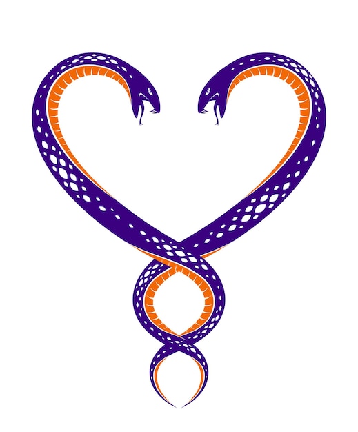 Deux Serpents En Forme De Coeur, L'amour Est Un Concept Cruel, Un Couple D'amoureux Se Disputant, Des Querelles Dans Les Relations, Un Emblème De Logo Vectoriel Ou Un Tatouage Dans Un Style Vintage Classique.