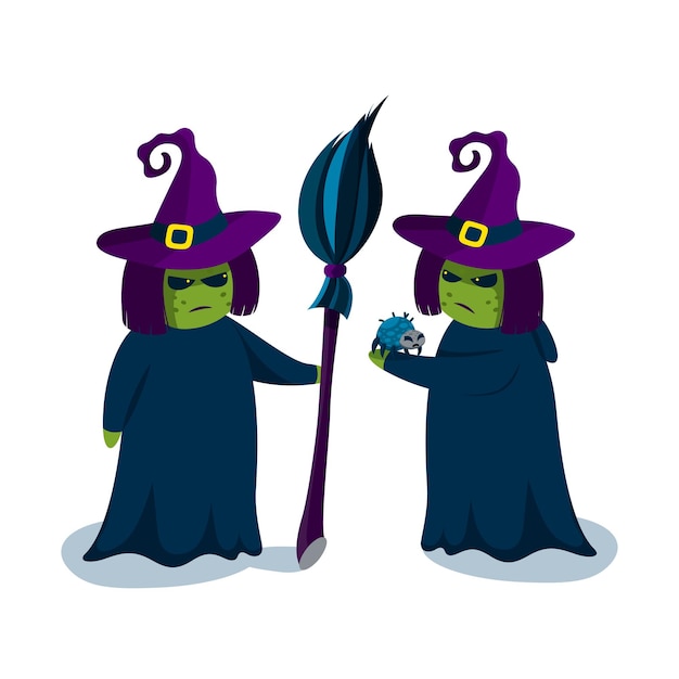 Deux Sorcières En Chapeaux Avec Balai Et Araignée. Personnages Effrayants D'halloween. Illustration Vectorielle Pour La Fête D'halloween.