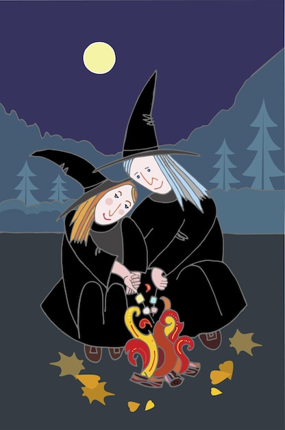 Vecteur deux sorcières rôtissent des guimauves sur un feu de joie une nuit d'automne