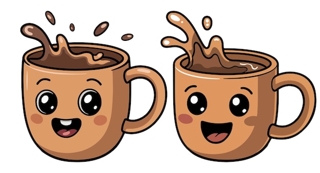 Deux tasses de café souriantes avec du café éclaboussé