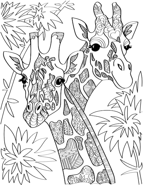 Vecteur deux têtes de girafe regardant des deux côtés avec de grands arbres dessin au trait incolore têtes de girafe longues
