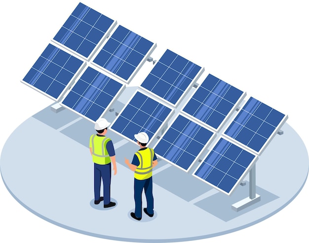Deux travailleurs inspectent des panneaux solaires dans une installation d'énergie renouvelable, démontrant le travail d'équipe et l'innovation