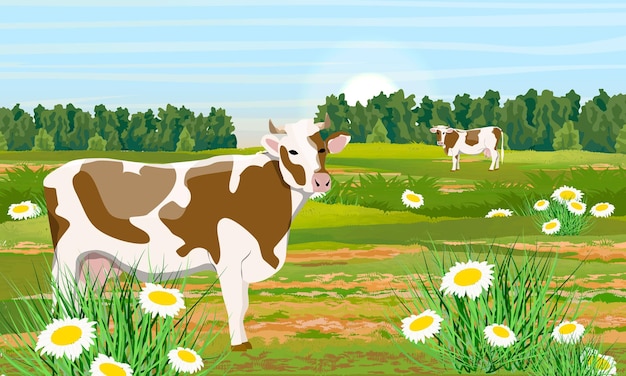 Vecteur deux vaches paissent dans un pré avec des marguerites forêt à l'horizon l'été à la ferme