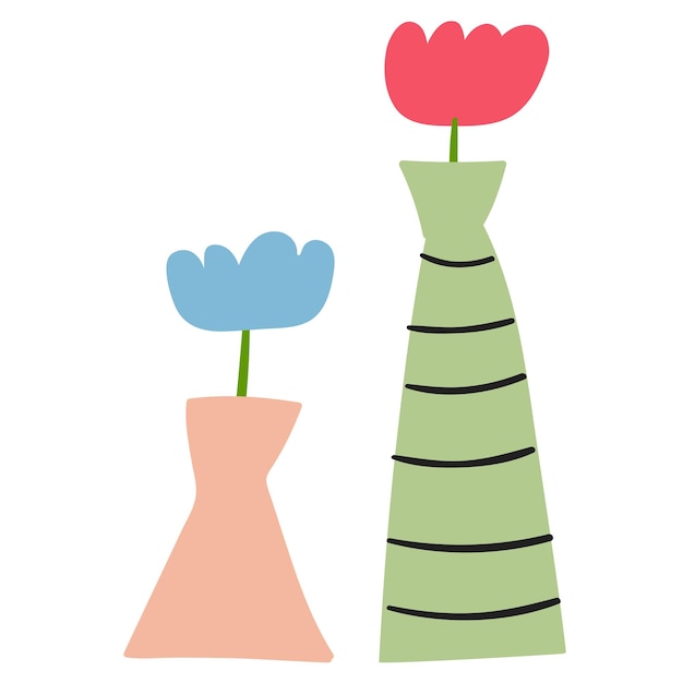 Deux Vases Avec Des Fleurs Saison Printanière Dessin Plat Illustration Vectorielle Dessinée à La Main