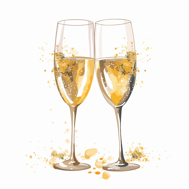 Vecteur deux verres de champagne avec des paillettes d'or et des pailletes d'or sur eux