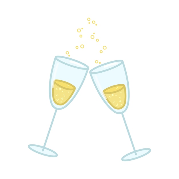 Deux verres à champagne pétillant Style de dessin animé Illustration vectorielle isolée sur fond blanc