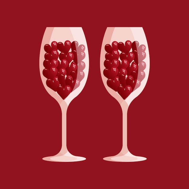 Deux Verres à Vin Avec Des Coeurs Beaucoup De Petits Coeurs Rouges Dans Deux Verres à Vin Concept De La Saint-valentin Illustration Vectorielle