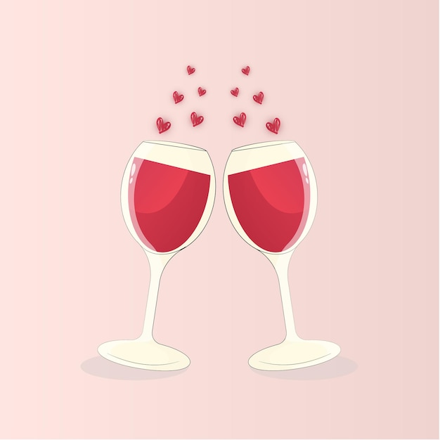 Deux verres de vin avec des coeurs. Célébration de l'événement festif. La Saint-Valentin.
