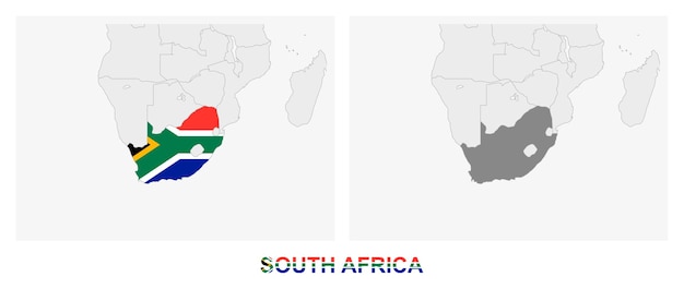 Vecteur deux versions de la carte de l'afrique du sud avec le drapeau de l' afrique du sud et mis en évidence en gris foncé