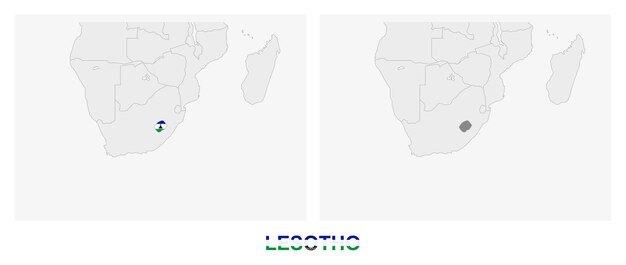 Vecteur deux versions de la carte de l'afrique du sud avec le drapeau de l' afrique du sud et mis en évidence en gris foncé