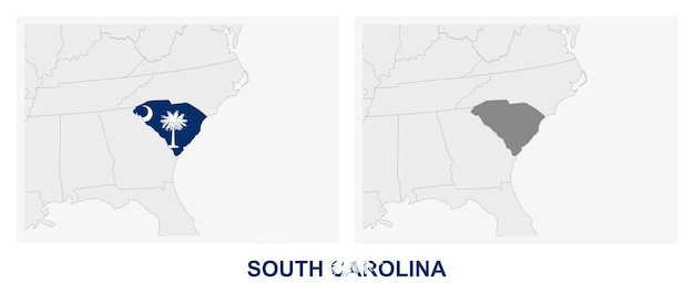 Vecteur deux versions de la carte de l'état américain de caroline du sud avec le drapeau de la caroline du sud