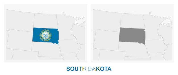 Vecteur deux versions de la carte de l'état américain du dakota du sud avec le drapeau du dakota du sud