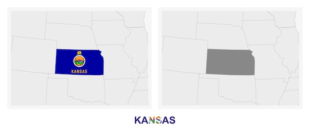 Vecteur deux versions de la carte de l'état américain du kansas avec le drapeau du kansas et mis en évidence en gris foncé