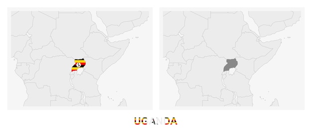 Vecteur deux versions de la carte de l'ouganda avec le drapeau de l'ouganda et mis en évidence en gris foncé