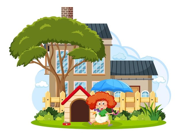 Devant la maison avec une fille et un canard