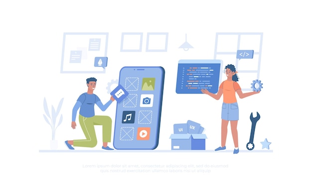Développement d'applications Créer et optimiser les interfaces de mise en page pour les applications mobiles Cartoon moderne plat