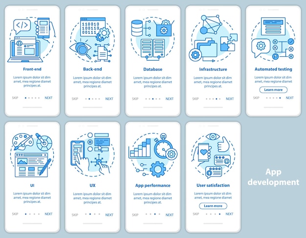 Développement D'applications D'intégration Du Modèle Vectoriel D'écran De Page D'application Mobile. Programmation De Logiciels. Procédure Pas à Pas Du Site Web Avec Des Illustrations Linéaires. Concept D'interface De Smartphone Ux, Ui, Gui