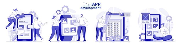 Développement D'applications Isolé Dans Un Design Plat Programme De Personnes Et Développement De Logiciels Pour Téléphone Mobile