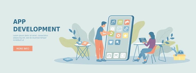Développement d'applications mobiles Création de logiciels téléphoniques Homme et femme travaillant sur l'interface du smartphone