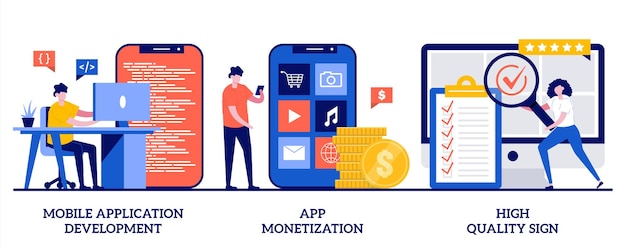 Développement d'applications mobiles, monétisation d'applications, illustration de signe de haute qualité avec des personnes minuscules
