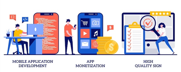 Développement D'applications Mobiles, Monétisation D'applications, Illustration De Signe De Haute Qualité Avec Des Personnes Minuscules