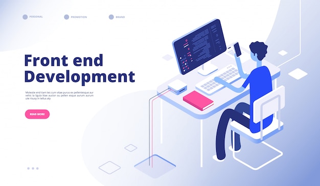 Développement Frontal. Développeur Programmeur Personne Développer Ordinateur Téléphone Site Web Interface Tableau De Bord Tableau De Bord Futuriste Page De Destination