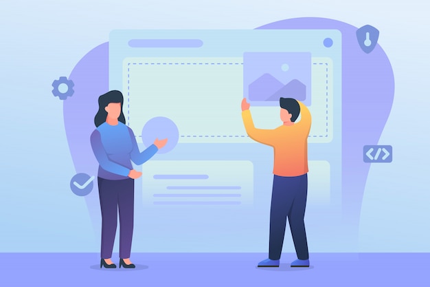 Développement d'interface utilisateur ou de boeuf avec homme et femme définissant le développement de la mise en page du site Web avec un style plat moderne