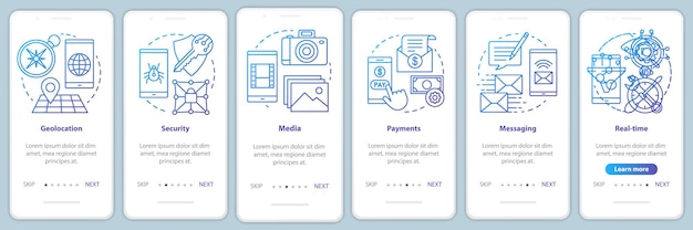 Développement de logiciels d'intégration du modèle vectoriel d'écran de page d'application mobile. Programmation d'applications. Procédure pas à pas du site Web avec des illustrations linéaires. Concept d'interface de smartphone UX, UI, GUI