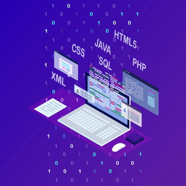 Vecteur développement de logiciels, langage de programmation, codage. technologie digitale. ordinateur portable isométrique, ordinateur