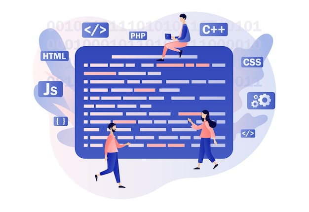 Vecteur développement de programmation et d'ingénierie de minuscules personnes programmeur ou développeur créent de la programmation de code