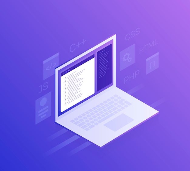 Vecteur développement et programmation de logiciels, code de programme sur écran d'ordinateur portable, traitement de données volumineuses.