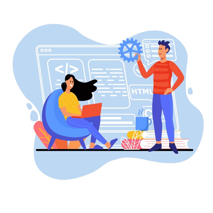 Vecteur développement de site web de concept bleu avec scène de personnes dans le style de dessin animé plat deux développeurs