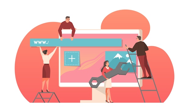 Vecteur développement web sur écran d'ordinateur. les gens créent un modèle d'interface. illustration