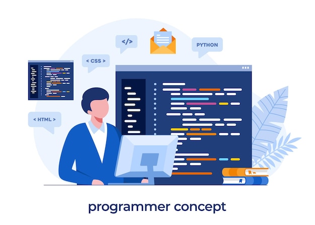 Développement web. langages de programmation. css, html, il, ui. programmeur, personnage de dessin animé, développement de site Web, codage. bannière d'illustration plate