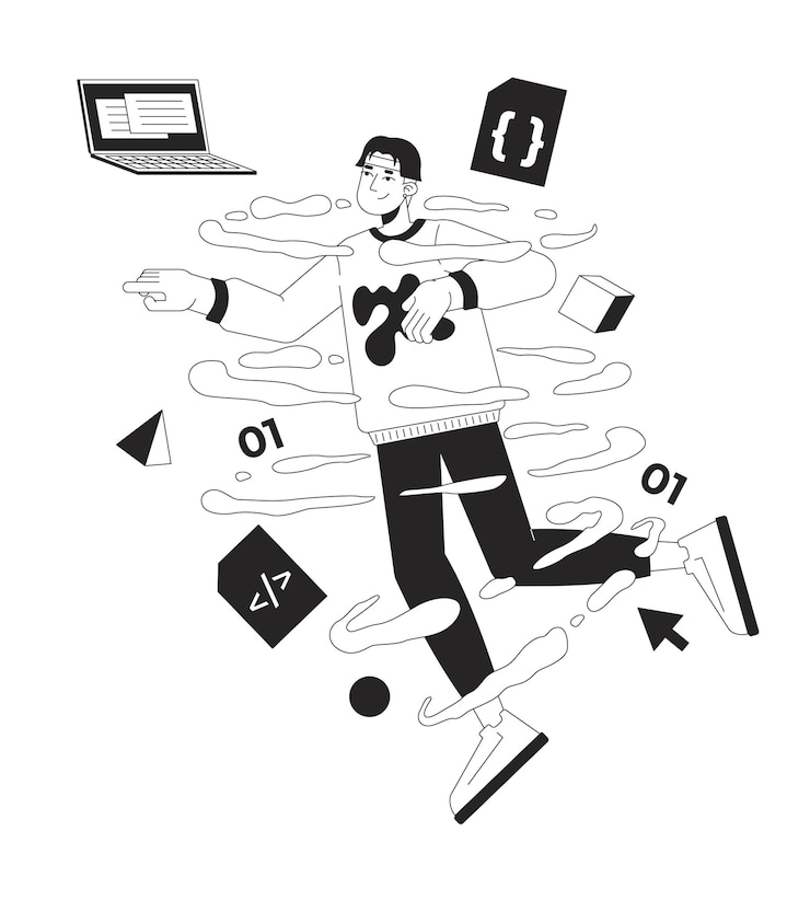 Vecteur développeur web asiatique dans le codage du concept d'illustration 2d en noir et blanc du tourbillon