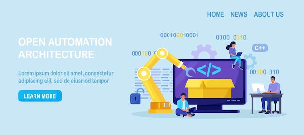 Développeurs créant un script logiciel sur ordinateur avec un logiciel robotique ouvert Architecture d'automatisation ouverte Développement libre open source Programmeurs site Web de programmation pour plate-forme Internet