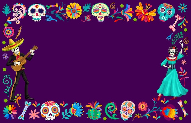 Dia de Los Muertos cadre de fête mexicaine avec des fleurs et du sucre Calavera crâne à fond vecteur Mariachi squelette en sombrero avec guitare et danse Catrina au Jour des morts mexicain dans un cadre floral