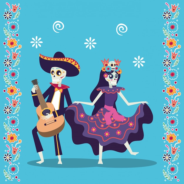 Dia De Los Muertos Carte Avec Mariachi Jouant De La Guitare Et De La Catrina