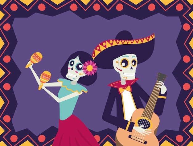 Dia De Los Muertos Carte Avec Mariachi Jouant De La Guitare Et De La Catrina