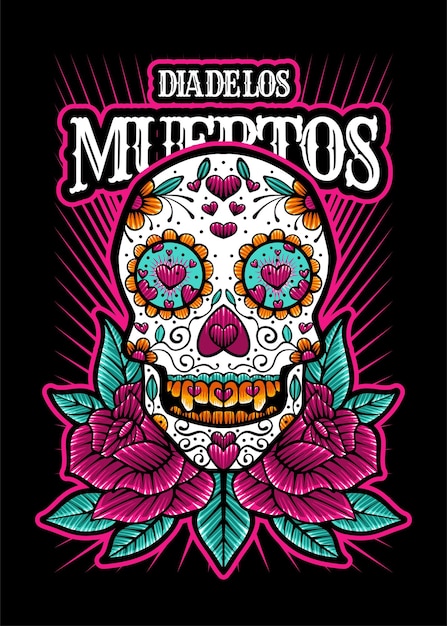 Dia De Los Muertos, Jour Du Crâne Mort, Crâne De Sucre Vector Illustration Vintage Style