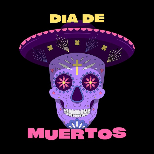 Vecteur dia de los muertos - jour des morts. illustration de dessin animé de contour vectoriel avec crâne en sombrero.