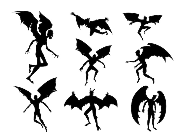 Vecteur diable de chauve-souris silhouette dans le corps humain. esprit des hommes avec aile de chauve-souris dans une posture différente. illustration sur le monstre de dracula et la fantaisie pour le thème de l'halloween.